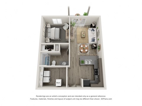 Floor plan for 1 bed, 1 bath, 683 sqft